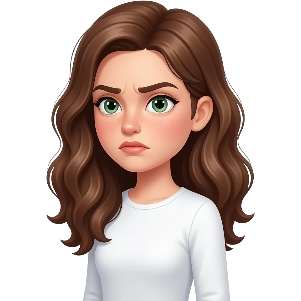 strong side view strong face expression very visible judgmental, cartoonish, caricatured, grotesque, suspicious side-eye meme even little disgusted by Brown wavy long haired with green eyes eyebrows raised cute face with freckles pretty girl in cute  white top with long sleeve emoji