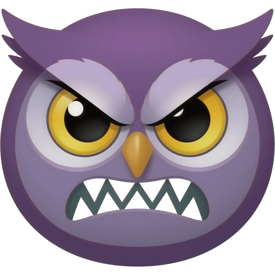 Twitch emote of a purple owl, DARK FANTASY style, just the FACE filling the frame, CLOSE-UP, angry furious expression, furrowed brows, baring teeth, NO body, NO wings, simple flat vector, thick white outline, white background, square format emoji