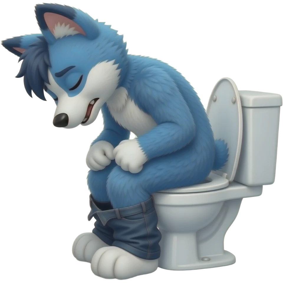 blue fursuit sitting on toilet, side view, pants down, straining,  eyes closed, pushing, squeezing, sick emoji