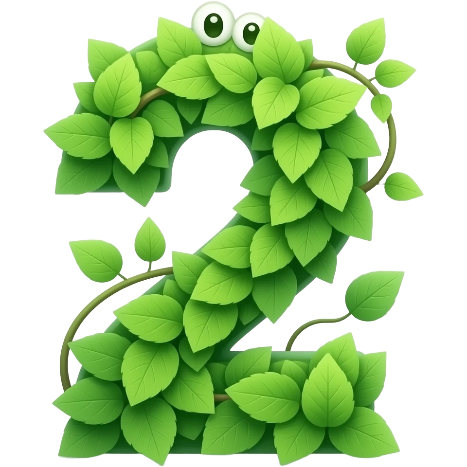 A green number 2    covered in leaves with two eyes on its head followed by leaves emoji