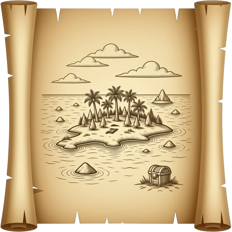 A treasure map, highly detailed, depicting an ocean and an island, drawn in charcoal, X marks the location of the treasure, old parchment, slightly scrolled ends emoji