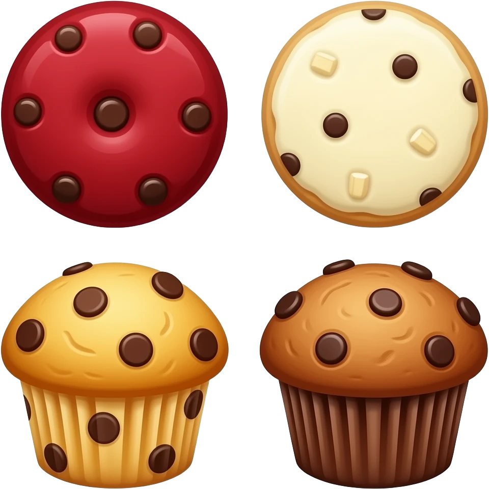 red velvet chocolate cookie, white chocolate cookies and cream cookie. banana chocolate chip muffin. banana double chocolate muffin. assorted muffin. separate each one emoji