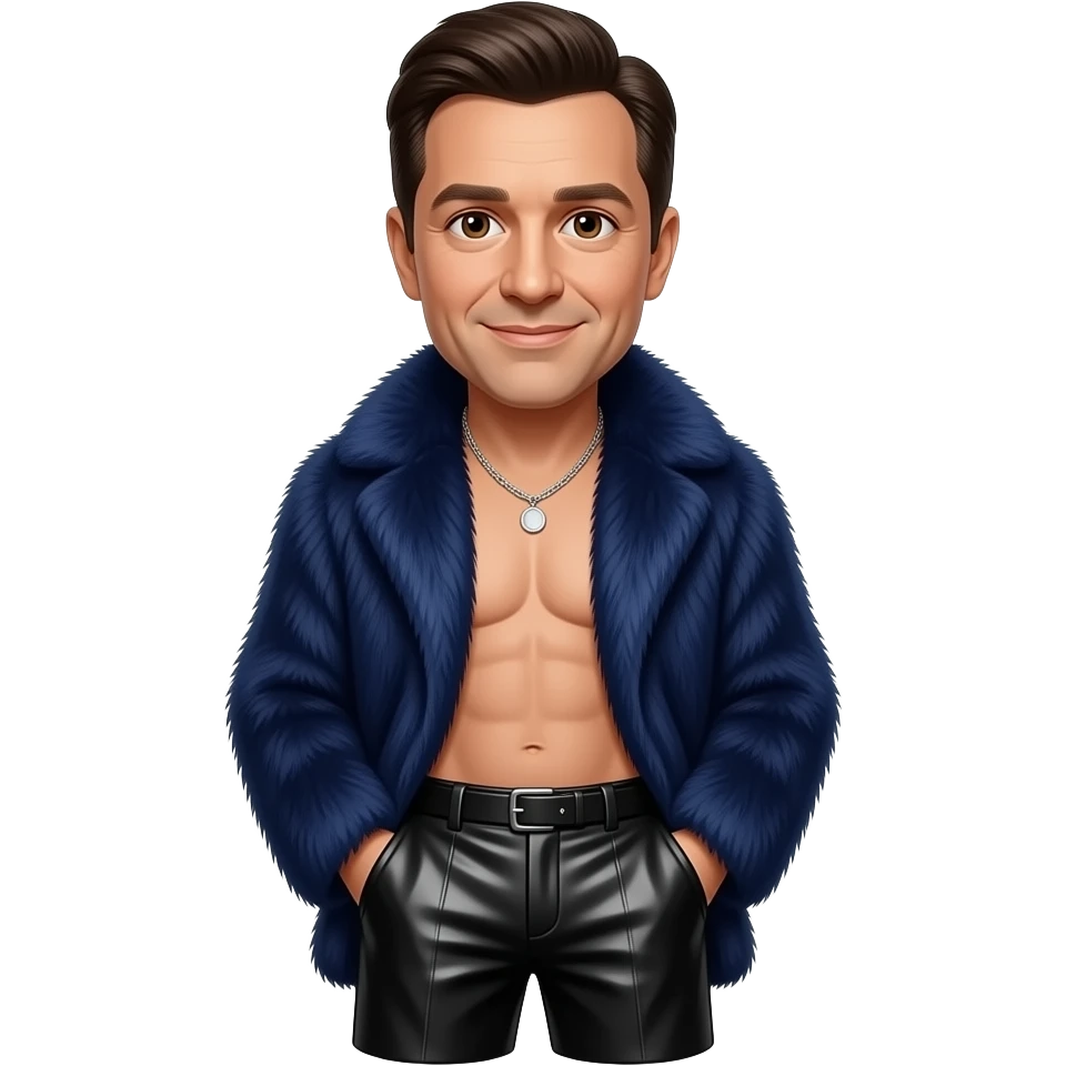 Jimmy Fallon with brown eyes, dark brown hair, deep blue fur shawl, black metallic baggy pants, shirtless with necklace emoji