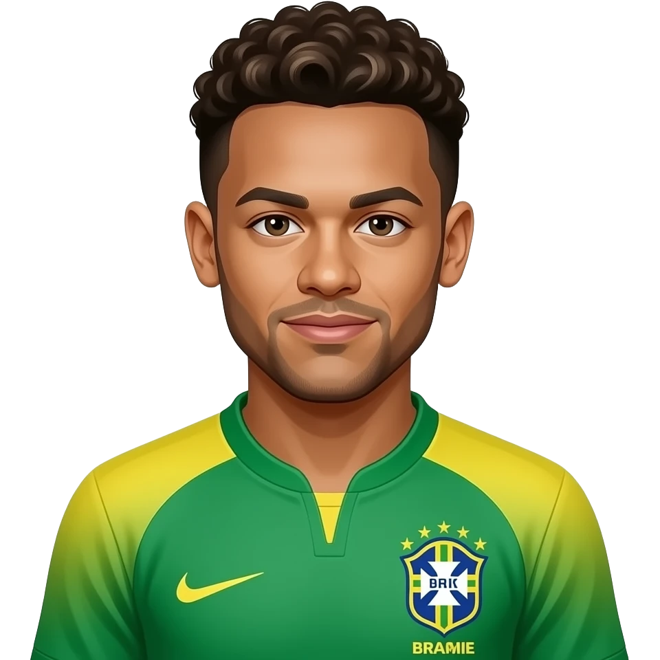 Neymar emoji, SAME Brazil jersey, chest-up, centered, same hair and face, glossy 3D cartoon style, 0 ❤️ on character, colorful mobile puzzle style, no text. emoji