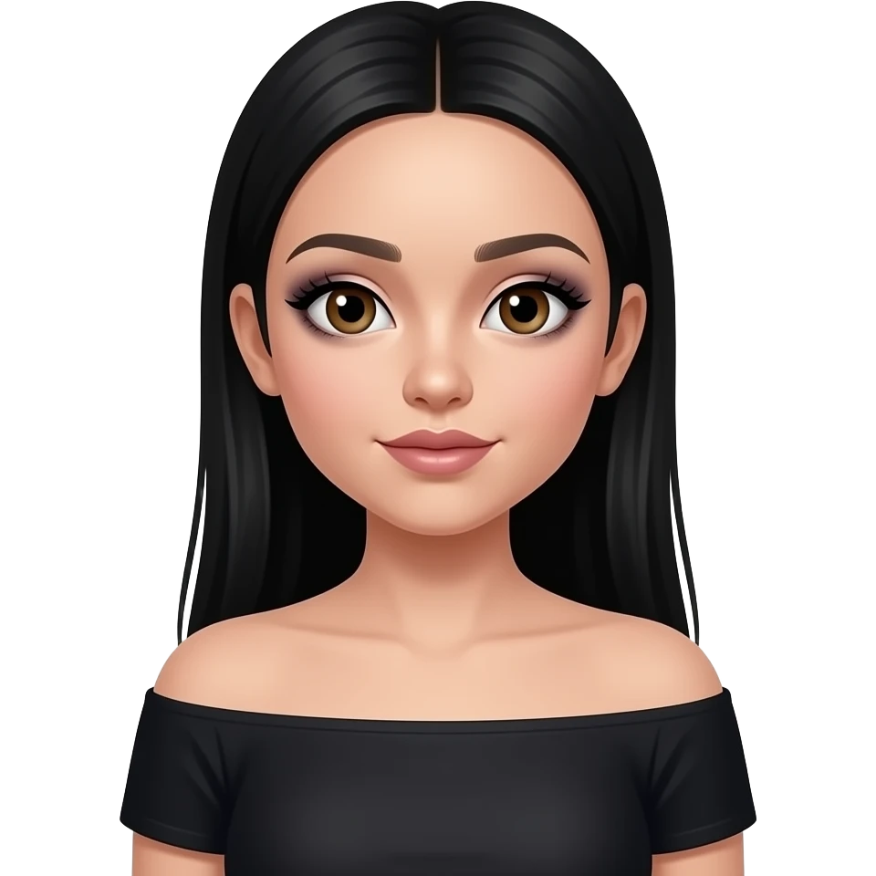 Black girl Teenage hazelnut eyes, smoky eye glitter makeup Long straight black hair shoulder off black top girl emoji