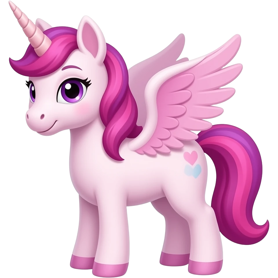 light pink unicorn with dark pink shy eye hairdo, purple eyes, light light pink wings, and a light pink horn emoji