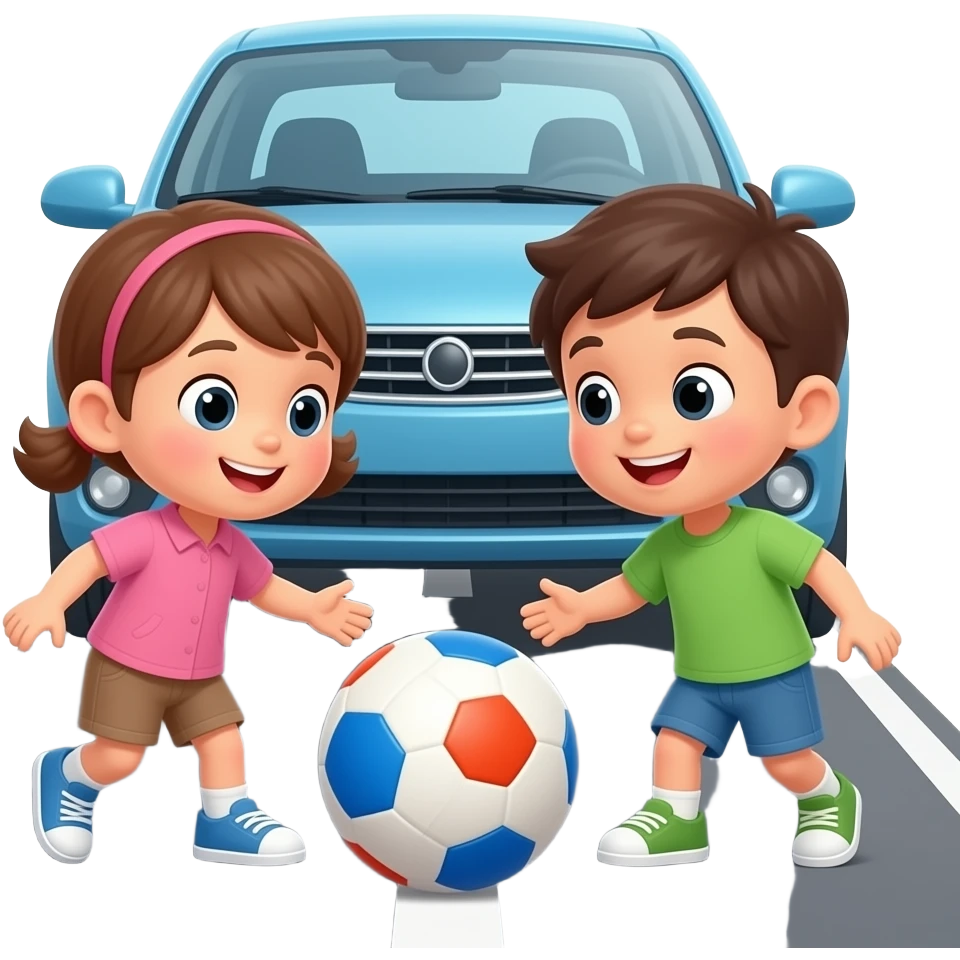 мультяшные дети играют на дороге перед машиной в мячик emoji
