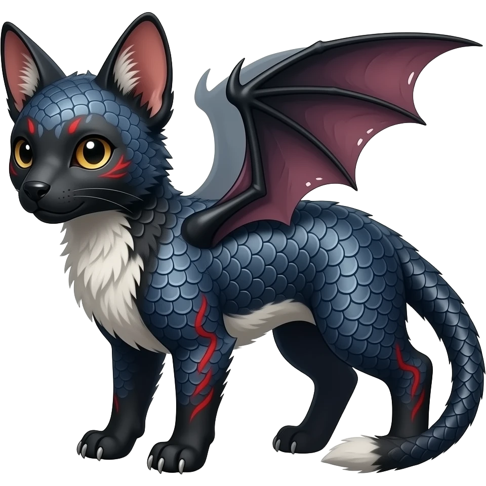 Realistic oriental Digitigrade quadrupedal gothic cool edgy cute midnight scaly blue-gray-black, with red markings, white belly, scaley Bastet-Salandit-Absol-Umbreon-Litten-Noibat-Digimon-Fakémon-Pokémon-creature (full body), with bat wings as ears emoji