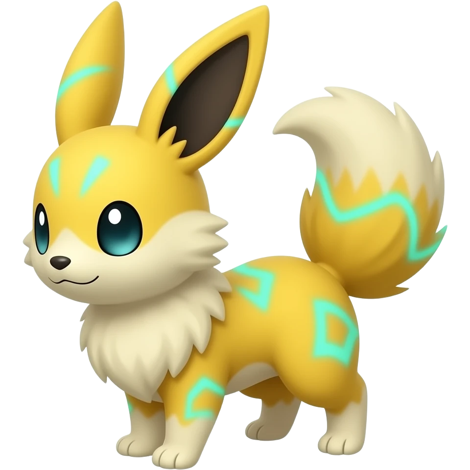 Yellow Zorua-Fennekin-Furret-Vaporeon-Fakémon-hybrid with glowing neon cyan markings emoji