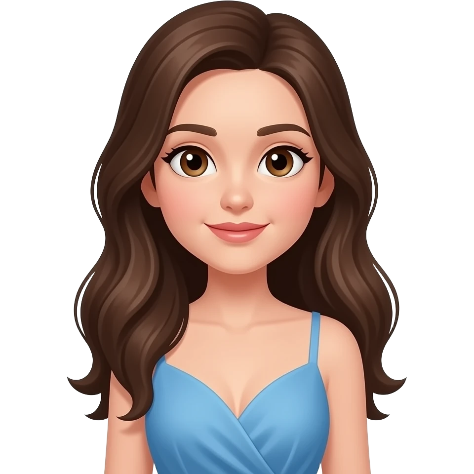 Ho un vestito celeste ho gli occhi marroni e ho i capelli lunghi fino a sotto le spalle emoji