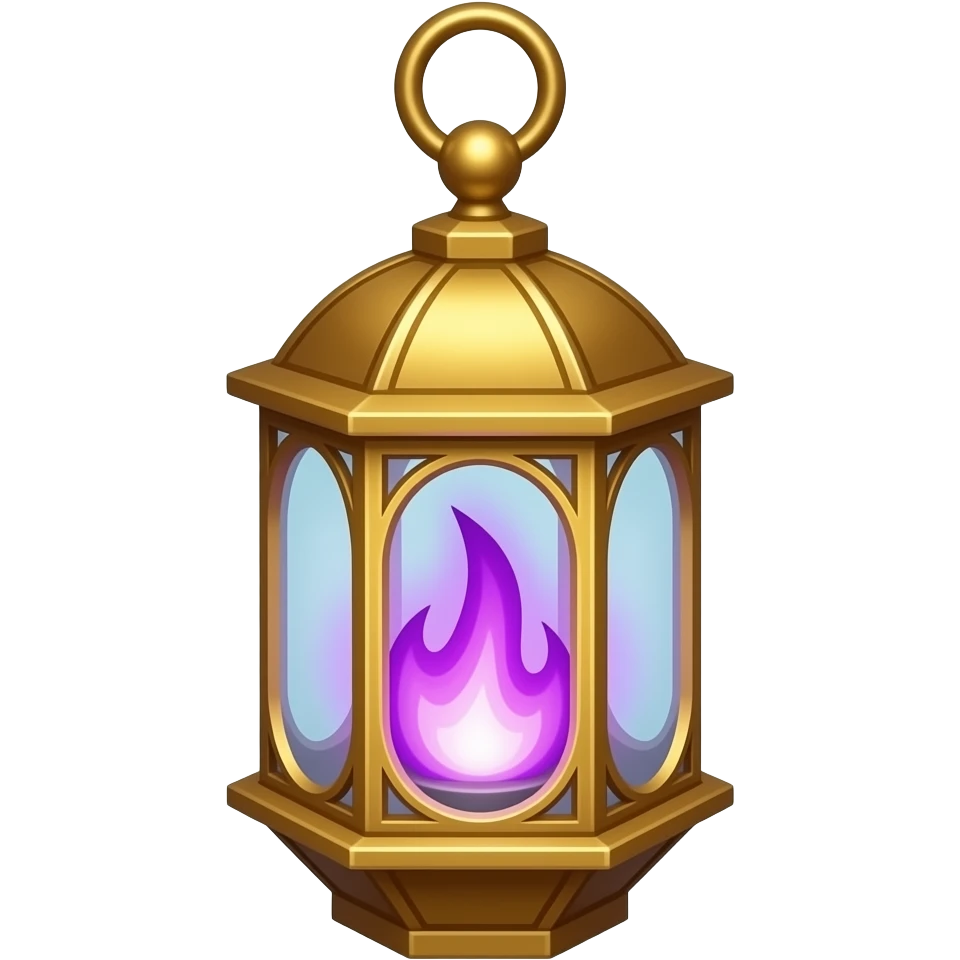 A gold hanging lantern with a bright  purple flames, an empty loop on top, fae themed emoji