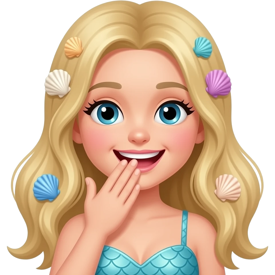 giggly with hand in mouth mermaid face with shells in long hair blonde emoji