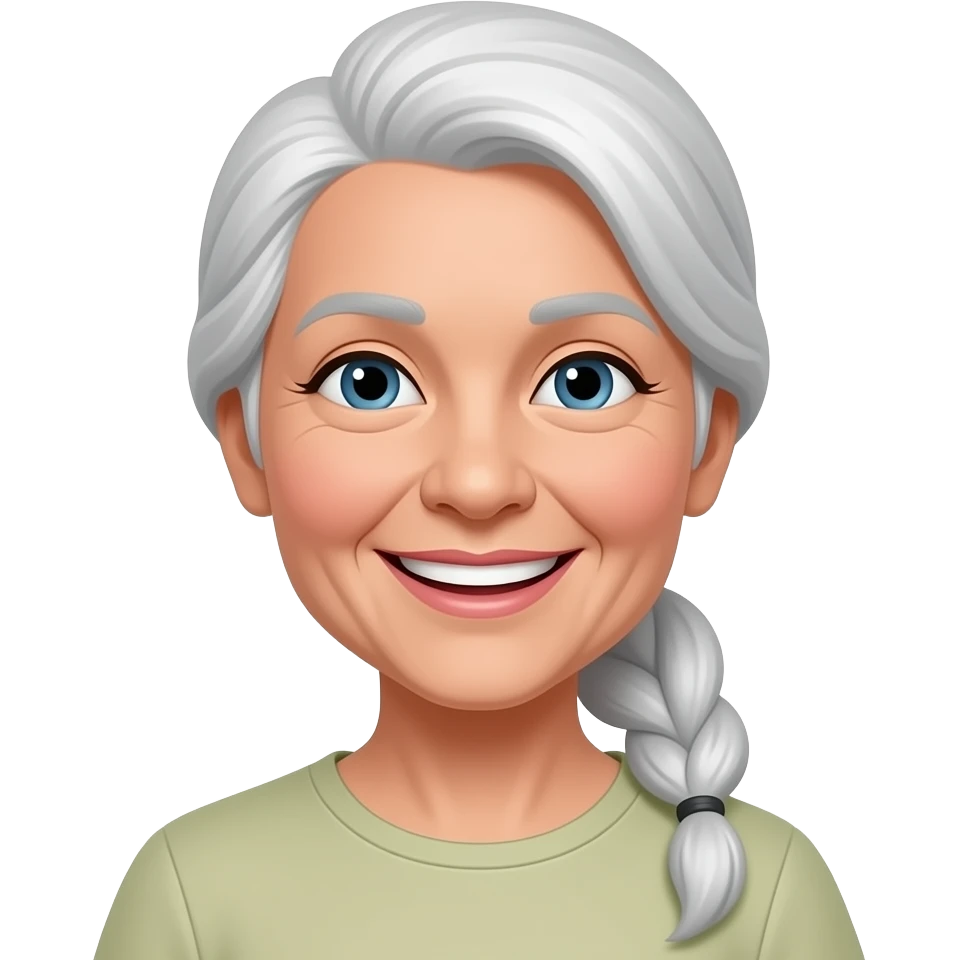 "An old lady with her long white hair gathered into a ponytail is beaming with a bright smile. emoji