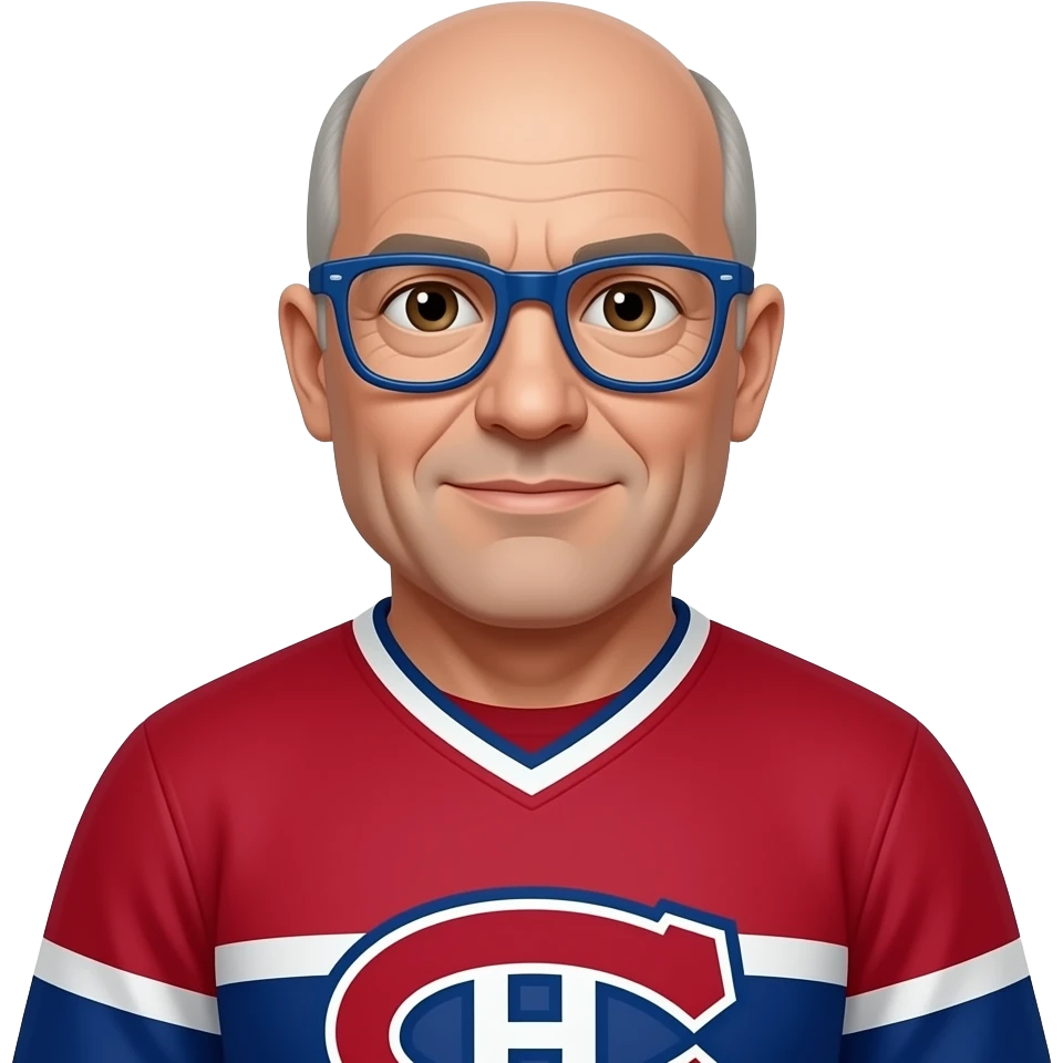 60 year old 180 lbs man, completely Bald, brown eyes, wearing blue glasses and montreal canadiens jersey emoji