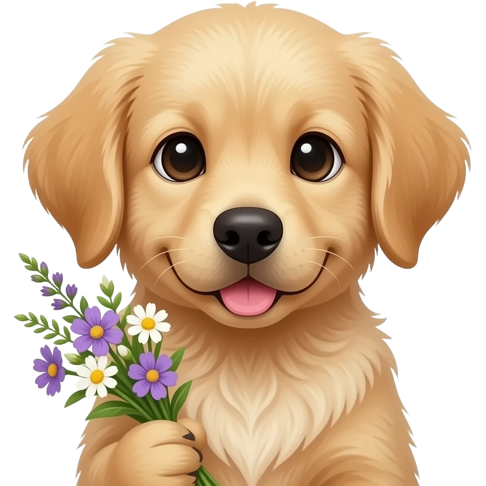 a bust shot of a cute dog holding flowers emoji