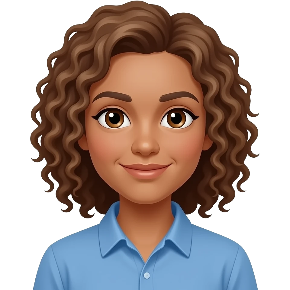light brown hair, medium length, tightly curly hair, brown skin , brown eyes add blue shirt emoji