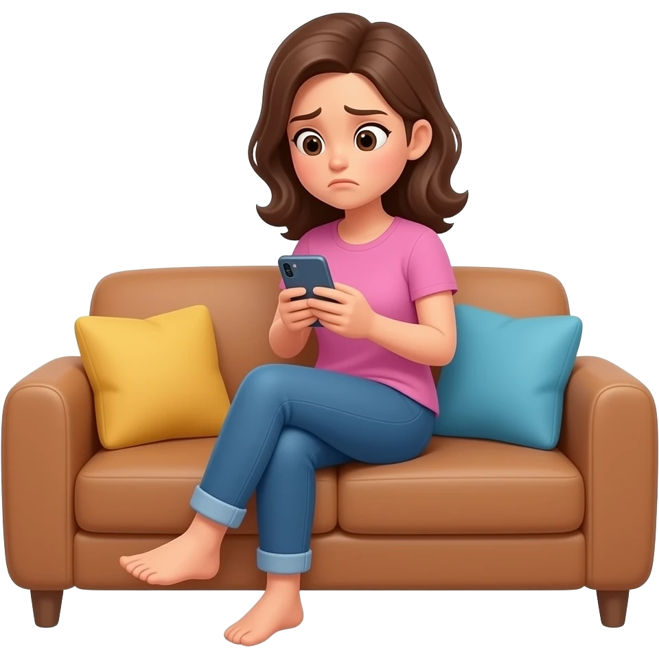 determined upset and focused Woman scrolling phone on couch lazy emoji