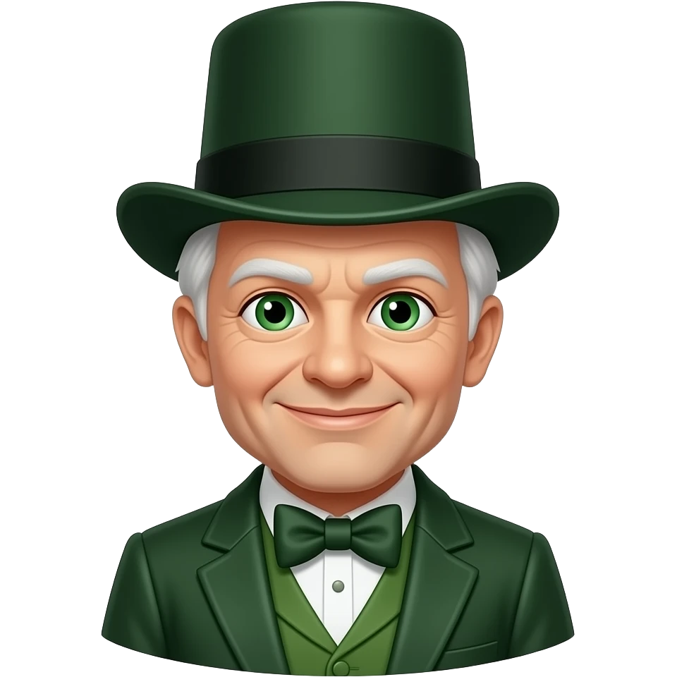 The Wizard from Oz Series with green eyes, white hair, dark green suit with bow tie, dark green hat emoji