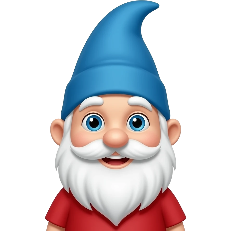 A cute smiling Gnome has a white beard , blue eye, red shirt and a blue pointed hair emoji