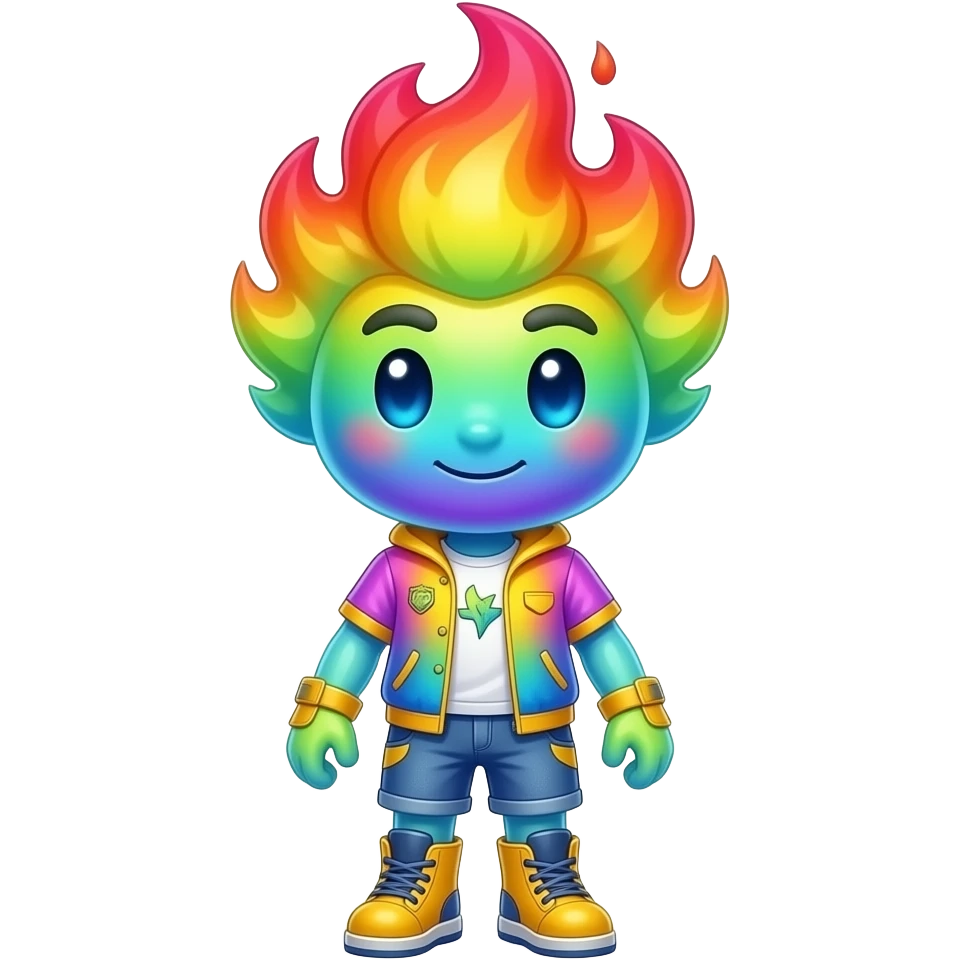 Rainbow plasma blob mascot with glowing plasma skin, colorful flame hairstyle, radiant outfit, energy boots, big head, small body, full body. emoji