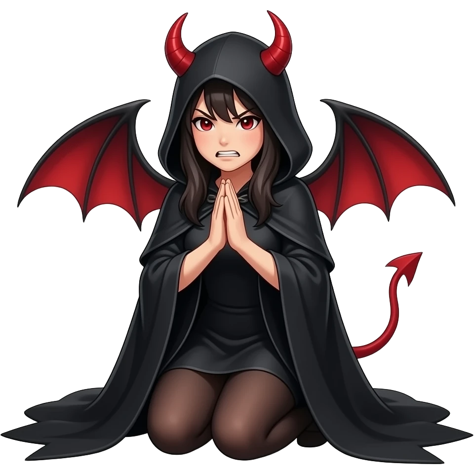 Red She-devil, hooded black magic asian woman, angrily begging forgiveness on her knees emoji