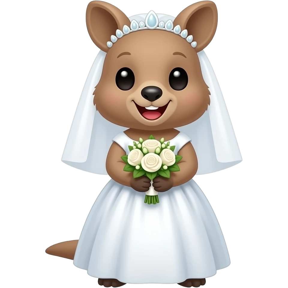부케를 들고 활짝 웃는 귀엽고 예쁘고 깜찍한 쿼카 신부. emoji