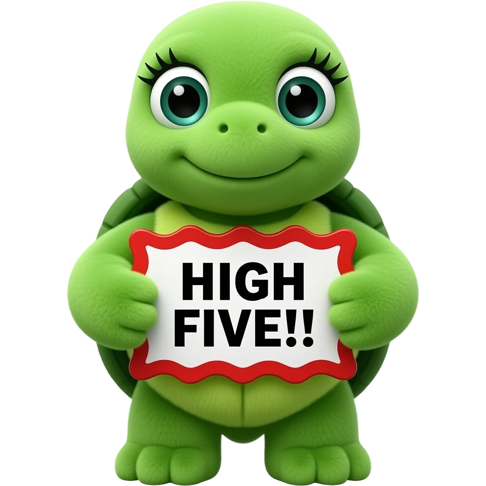 Create a super cute stuffed Animal which Looks Like a green Turtle facing front with big eyes and long eyelashes  holding a red ondulated frame sign with in front of its chest that says in a funny big black font "HIGH FIVE!!!" emoji