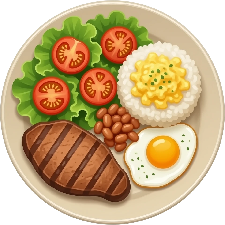 Prato de comida de porcelana beje bem fitnees, com salada de alface e rodelas de tomate cereja, arroz, feijão, ovo mexido e bife emoji