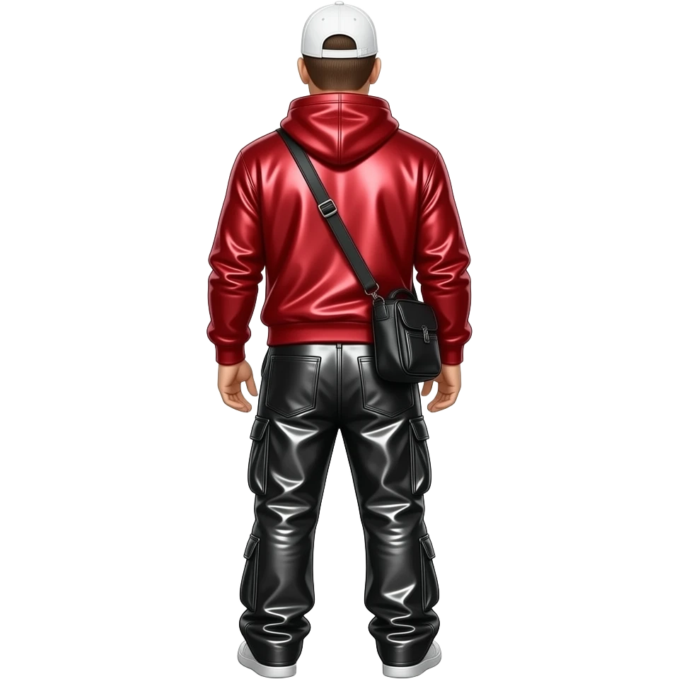 Donnie Wahlberg from behind with white cap, ruby red metallic sweatshirt, black metallic baggy pants emoji