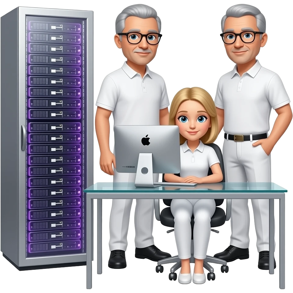 background is a silver server cabinet with purple lighting, in the foreground is a glass table and an imac computer, two men are standing, gray hair, black glasses, black hair, silver glasses, dressed in white pants and a polo shirt, a blonde girl is sitting at the table, emoji