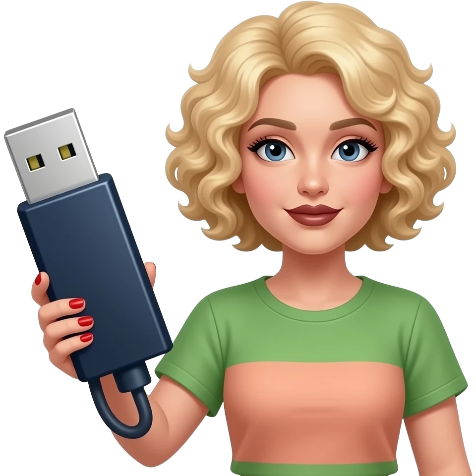 above Short blonde curly hair holding a massive USB with red finger nails and dark brown lipstick and black eyebrows and black eyelashes in a green and peach short sleeve shirt emoji