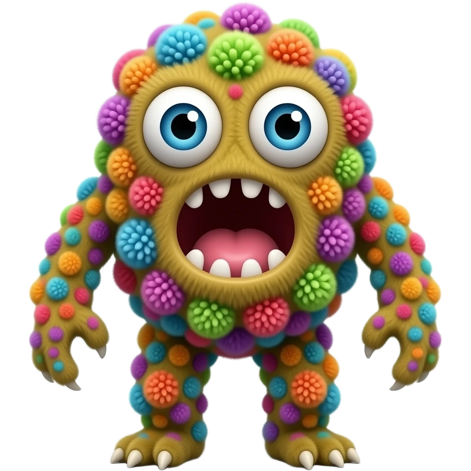 A full-body creature made entirely of oversized, colorful, fuzzy ...