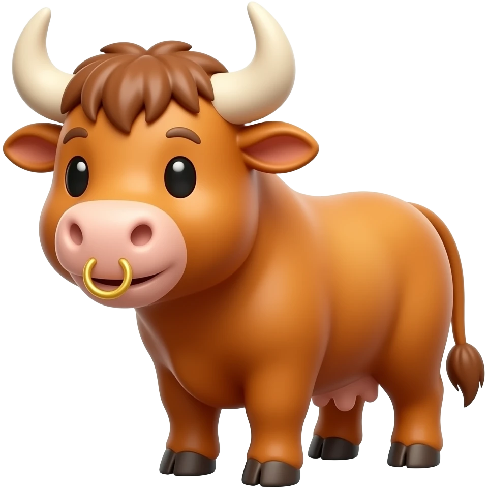 Bull's Tavern: 3D emoji style, glossy surface, soft shadows, white background, centered, no text, cute bull character, friendly smirk, amber color, small gold nose ring, no defined gender emoji