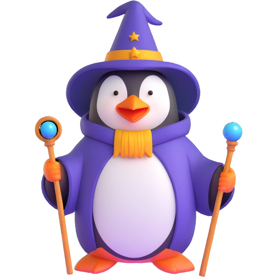 penguin wizard with magic staff and wizard robe emoji