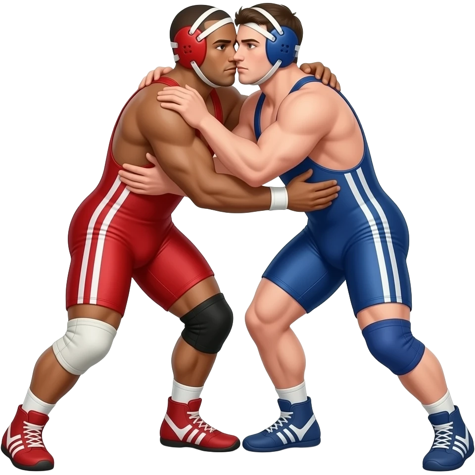 Erstelle ein Bild von zwei Wrestler in kurzen, knappen und engen Wrestler-suits, die beiden haben unterschiedlich Farben an (rot und blau) und sie ringen eng umschlungen miteinander auf dem Boden liegend emoji