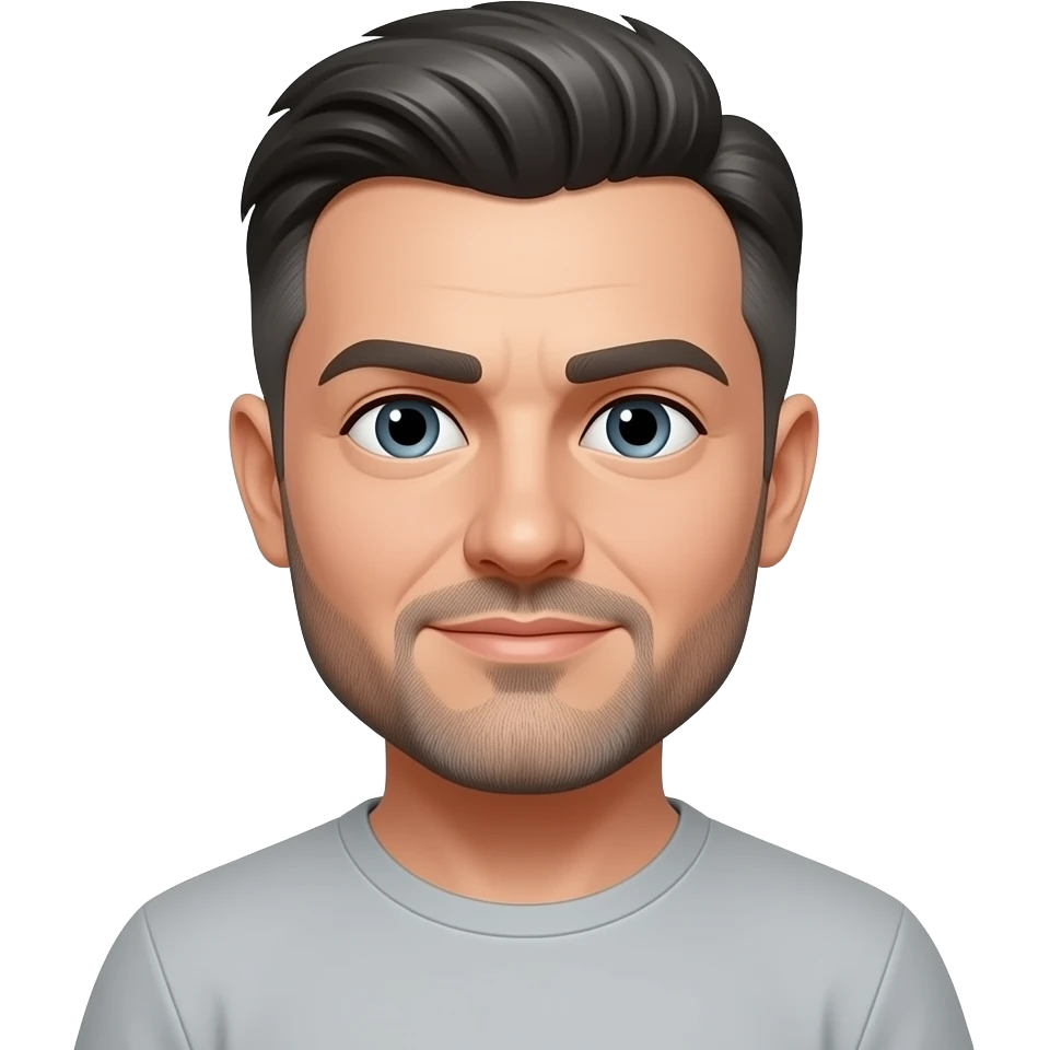 a white 30 year old male with dark grey hair, grey stubble beard, and black unibrow emoji
