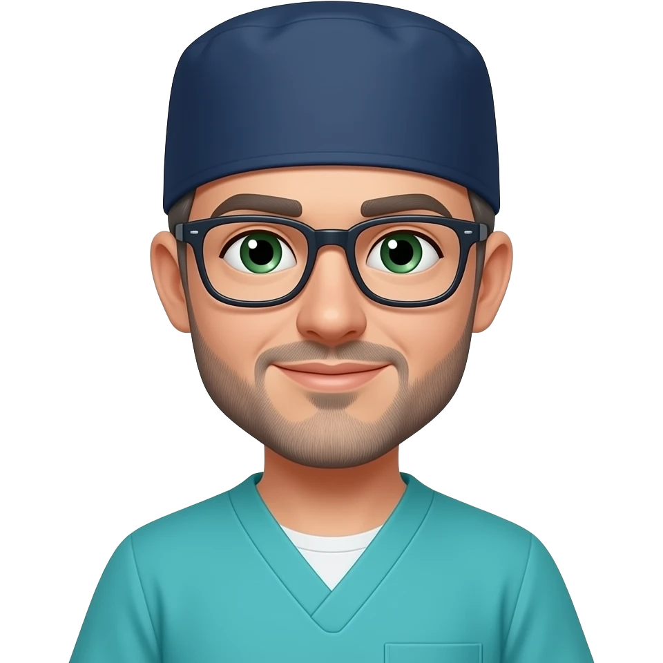 doctor with dark gray hair, beard stubble and green eyes in dark navy scub cap, torquoise shirt with no eyeware emoji