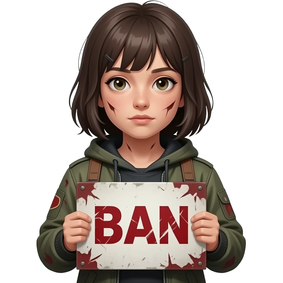Девушка выживает в постапокалипсисе, показывает табличку со словом БАН emoji