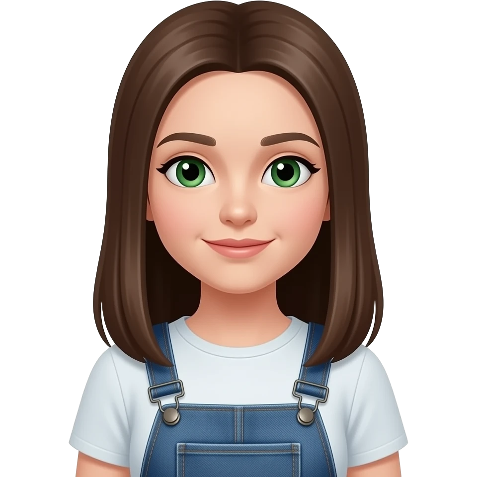 girl wearing a jean overalls with long brown straight hair and green eyes that are proportionate emoji