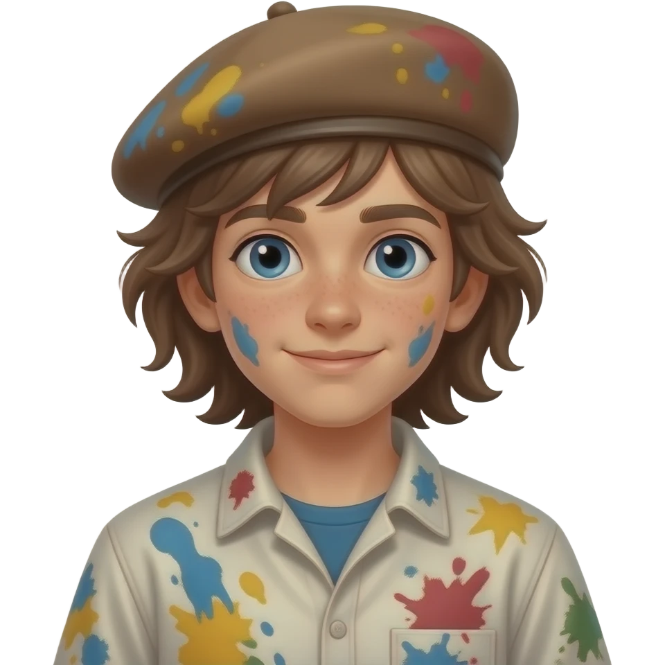 long hair boy artist with beret paint-splattered smock emoji