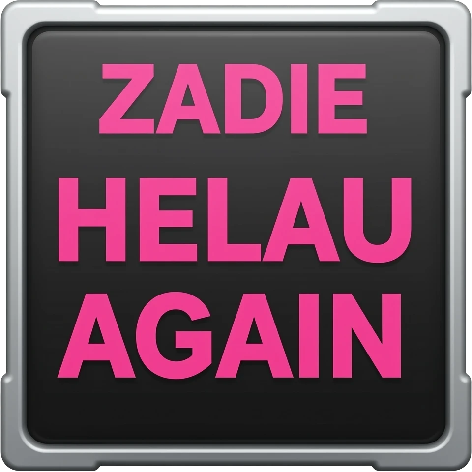 a black sign with ZADIE in pink color written on it on the right corner and with HELAU AGAIN written on it emoji
