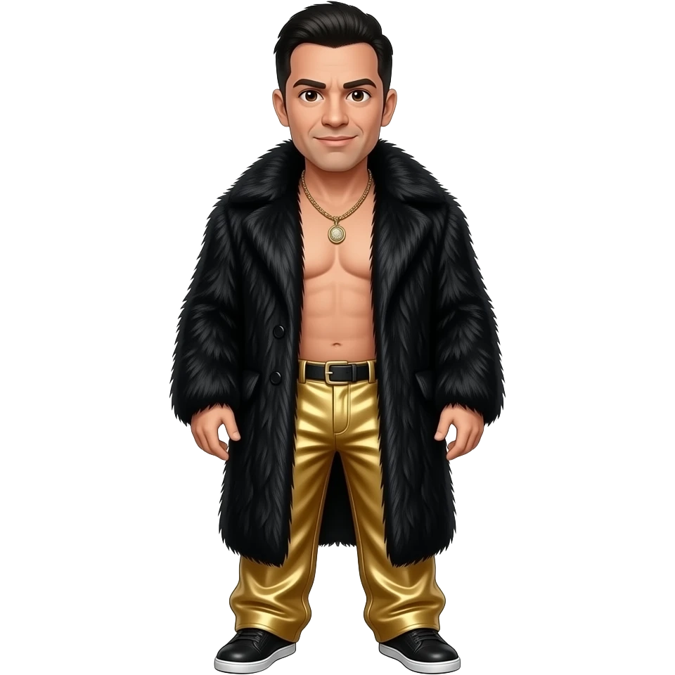 Steve-O with brown eyes, black hair, black fur coat, gold metallic baggy pants, shirtless with necklace emoji