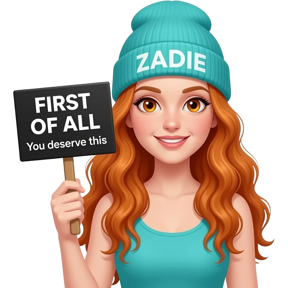 sexy girl with overlong wavy ginger hair and ginger eyes wearing a turquoise tanktop and a turquoise beanie with ZADIE written on it, is holding a black sign with FIRST OF ALL You deserve this written on it emoji