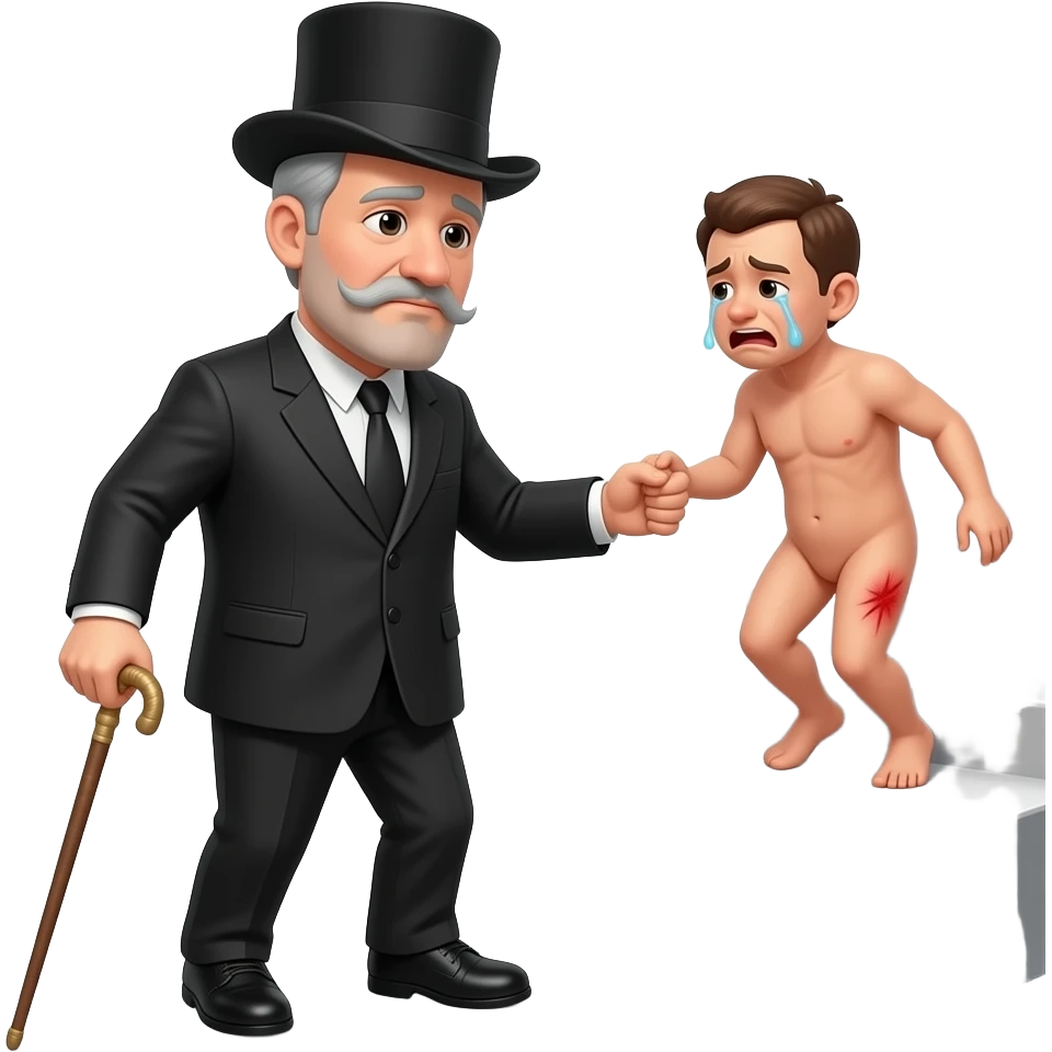 A stern clothed man with a thin whippy cane is leading by the hand and dragging a reluctant, small, crying, naked man up a flight of stairs, walking up towards the top,top,by the ear, his red buttocks are very bruised. emoji