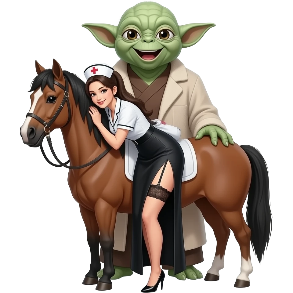 6 foot tall Yoda standing behind a pony  tailed nurse smiling with open mouth, wearing a garter belt, long black dress.Nurse  has DD breasts slit down side of dress bending g over lap emoji