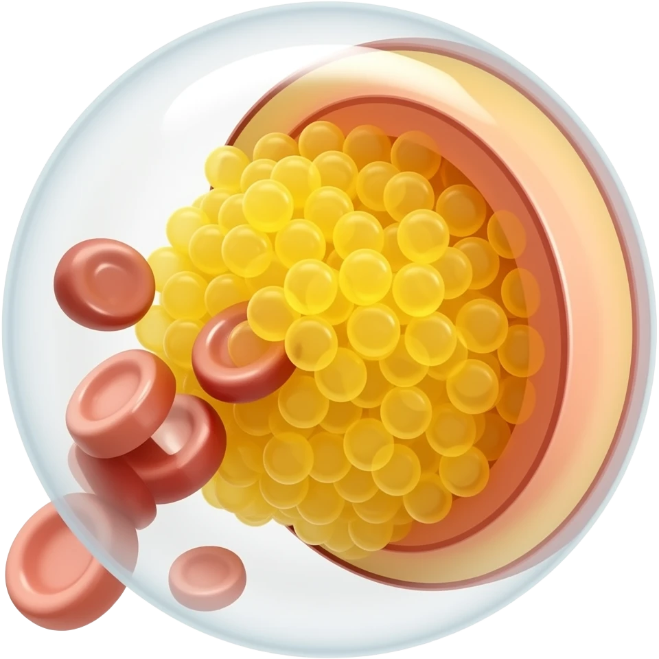 yellow adipose cells mass inside vascular tube blocking blood cells flow emoji