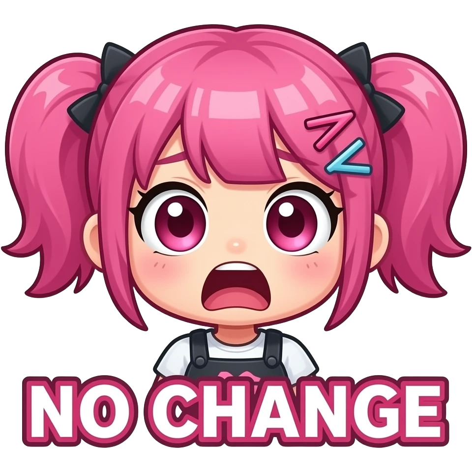 twitch emote, shocked pink chibi girl screaming in disbelief, huge dramatic eyes, bold bulgarian text “НЯМА ШАНС”, chaotic gamer energy, glossy highlights, thick outline, transparent background, ultra readable at small size emoji