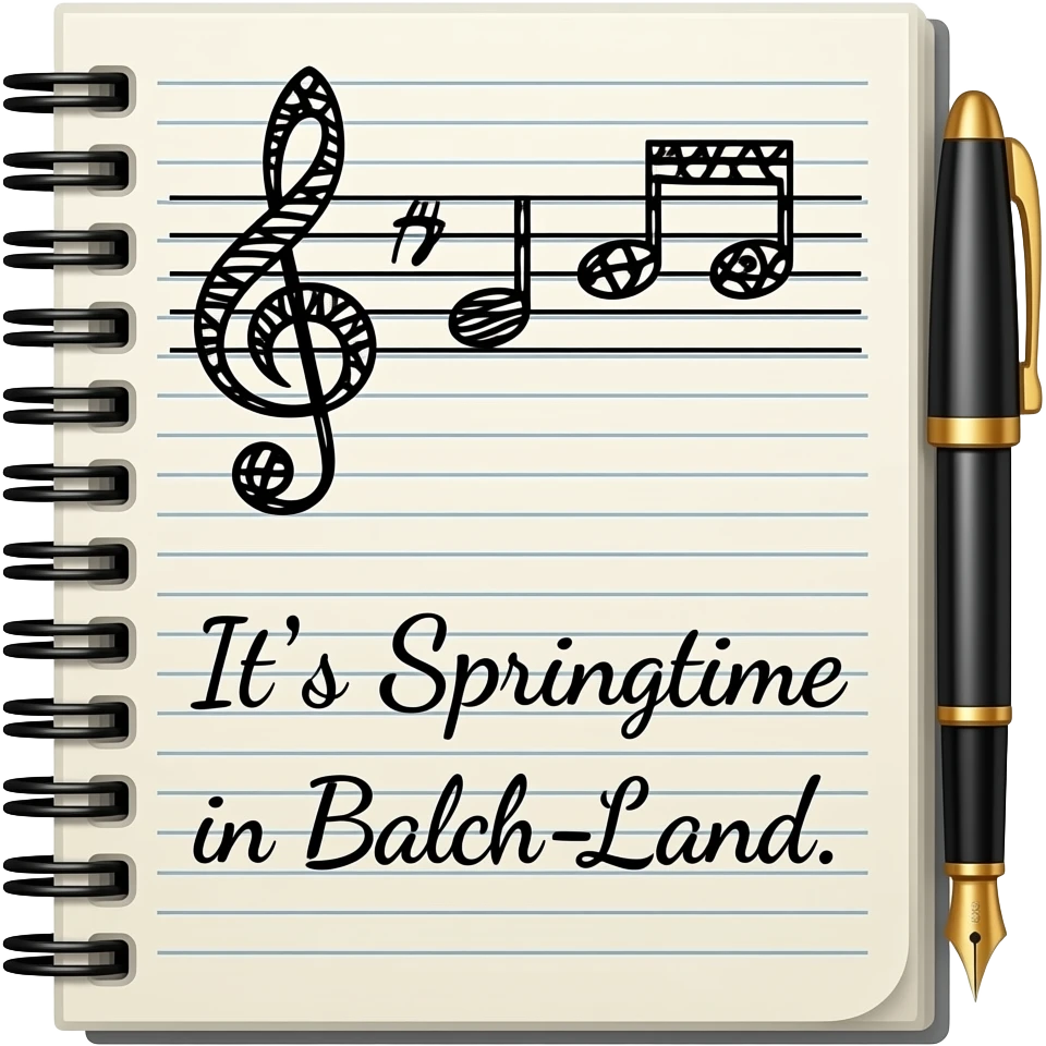 Anote spiral note pad with staff paper and notes drawn in ink with tribal cleft and bass cleft. Lyrics written below staff Say "It's Springtime in Balch-Land."  Pen inside spiral emoji