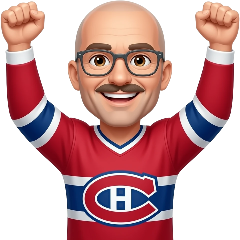 Mal, Brown eyes, bald, little mustache, thin gray glasses, 40 years old, Montréal Canadiens, smiling, cheering arms up emoji