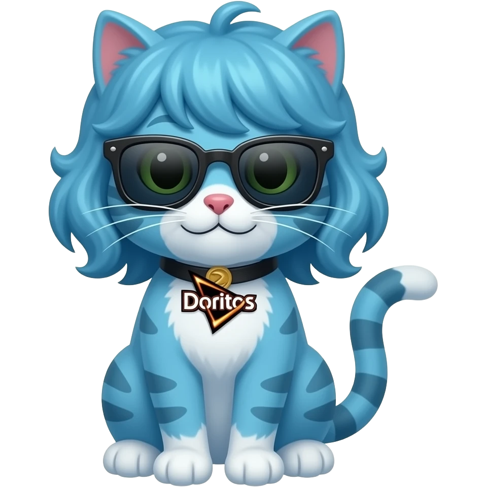blue curvy hair cat with sunglasses and a Doritos emoji